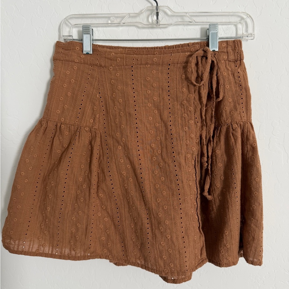 Wishlist Brown Eyelet Tiered Mini Skirt with Side Tie
